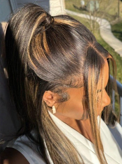Sunber 7x5 Pre Cut Golden Brown Highlights Yaki Straight Lace Closure Wig With Invisi Drawstring