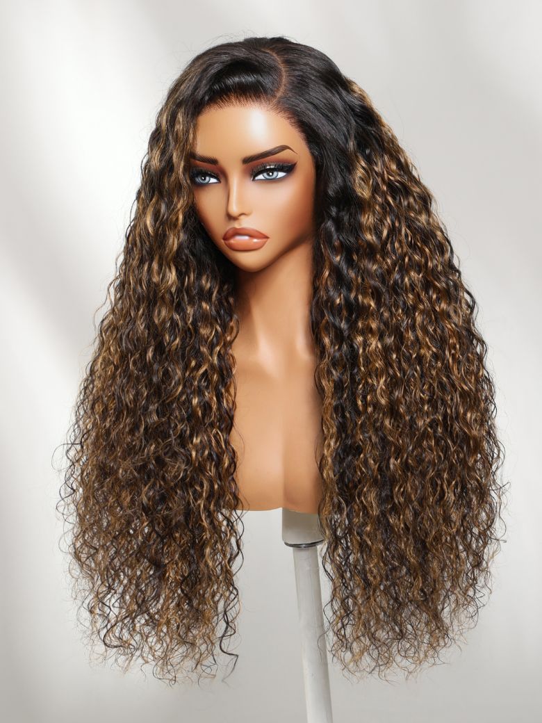 Sunber 7x5 Pre Cut Water Wave Balayage Highlight Dark Roots Side Part Lace Wig With Invisi Drawstring