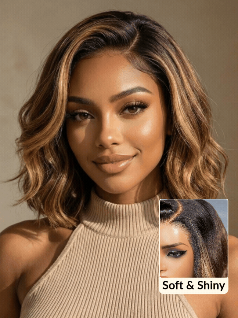 Sunber 7x5/ 13x4 Pre Everything Brown Highlights with Dark Root Body Wave Lace Frontal Wig With Layers Shoulder Flip-Out Curls