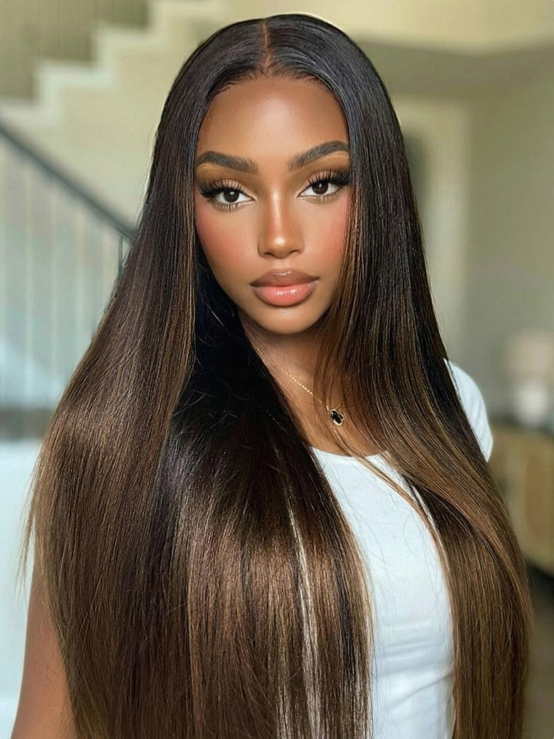 Sunber 7x5 Glueless Lace Black to Chestnut Brown Ombre Yaki Straight Wig With Bleached Knots Flash Sale