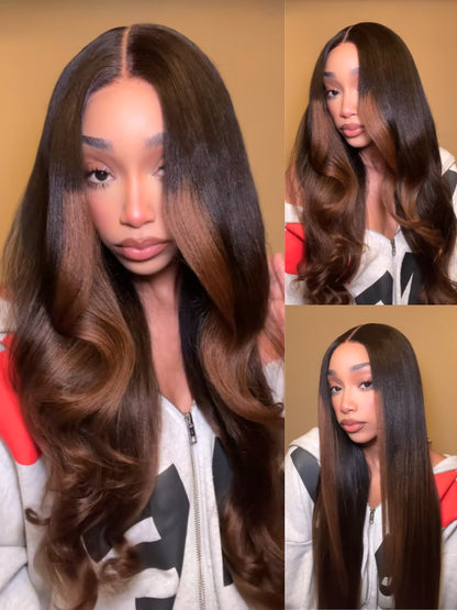 Sunber 7x5 Glueless Lace Black to Chestnut Brown Ombre Yaki Straight Wig With Bleached Knots Flash Sale