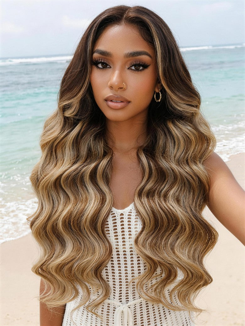 Sunber Honey Blonde 13x4 Pre Everything Balayage Body Wave Lace Frontal Wig With Chestnut Brown Root