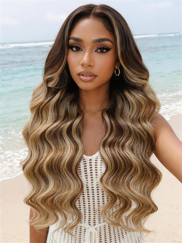 Sunber Honey Blonde 13x4 Pre Everything Balayage Body Wave Lace Frontal Wig With Chestnut Brown Root