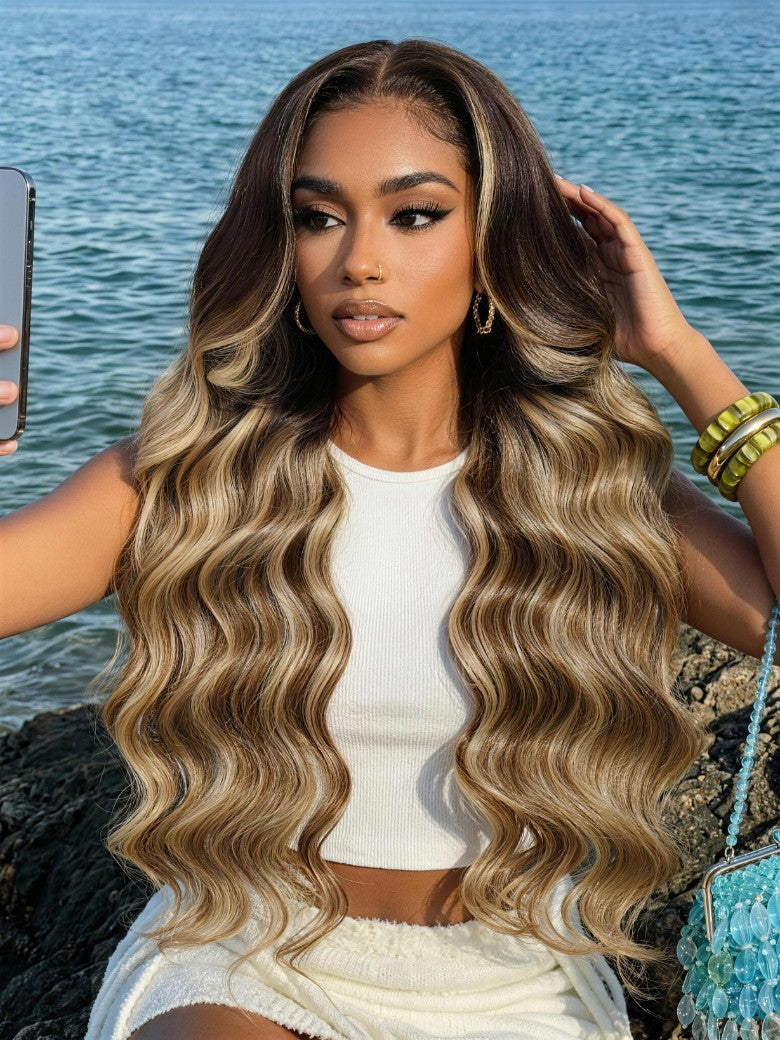 Sunber Honey Blonde 13x4 Pre Everything Balayage Body Wave Lace Frontal Wig With Chestnut Brown Root