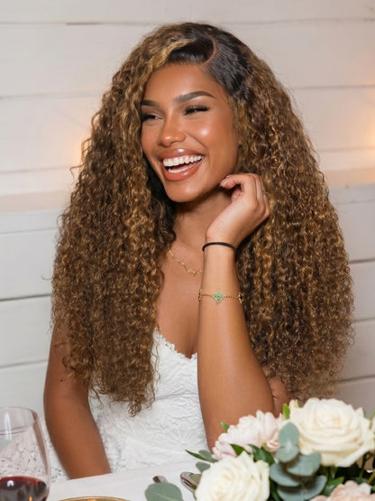 Sunber 13x4 Pre Everything Sun-Kissed Golden brown highlights Curly Lace Frontal Wig With Invisi Drawstring