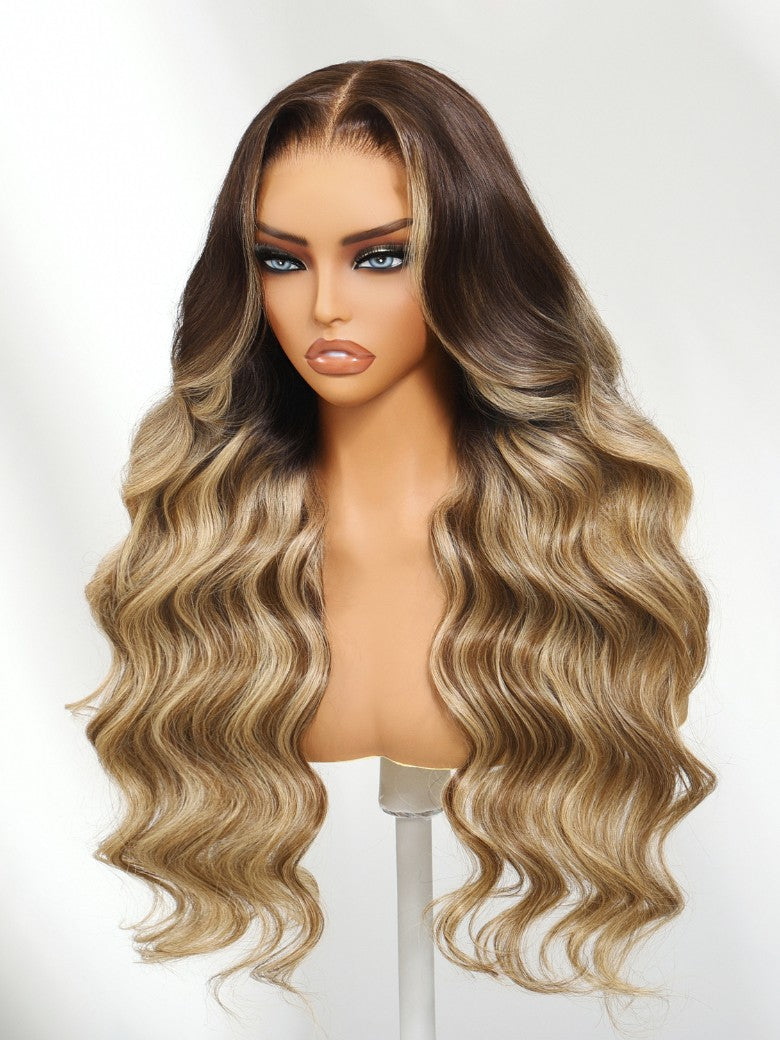 Sunber Honey Blonde 13x4 Pre Everything Balayage Body Wave Lace Frontal Wig With Chestnut Brown Root