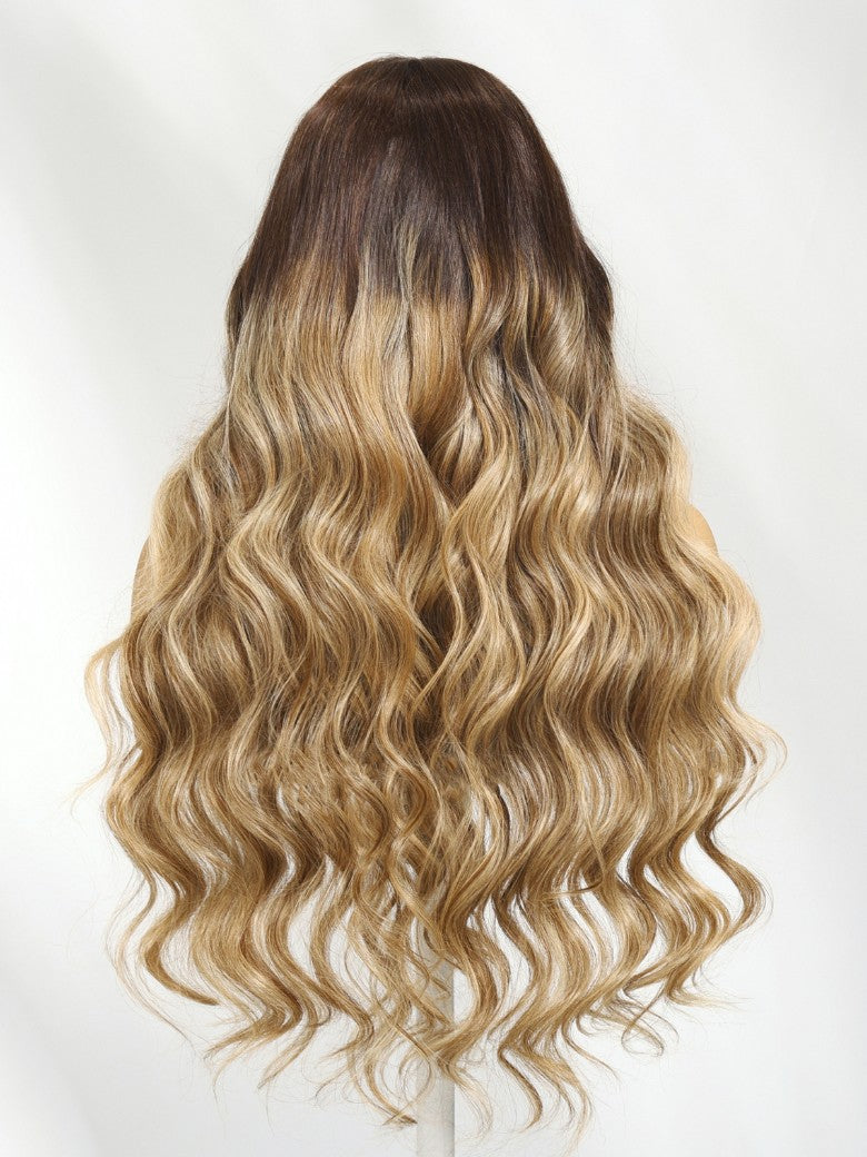 Sunber Honey Blonde 13x4 Pre Everything Balayage Body Wave Lace Frontal Wig With Chestnut Brown Root