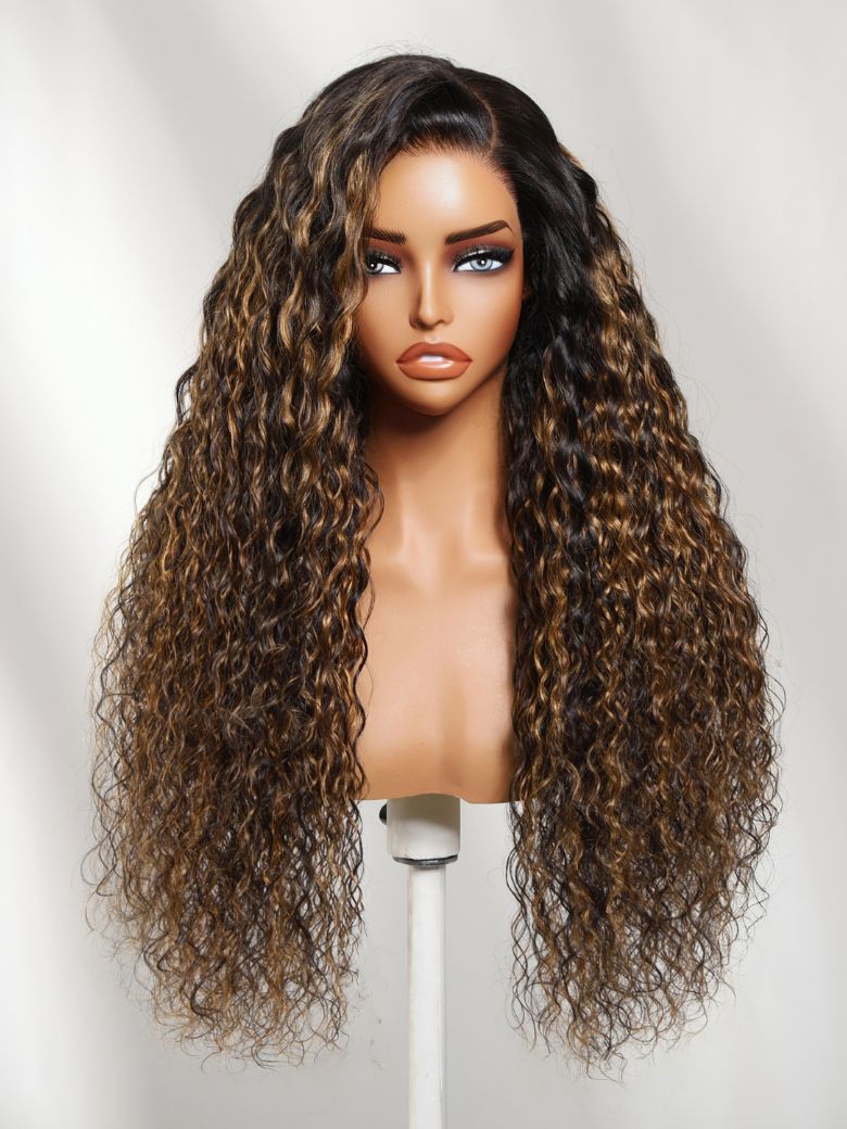 Sunber 7x5 Pre Cut Water Wave Balayage Highlight Dark Roots Side Part Lace Wig With Invisi Drawstring