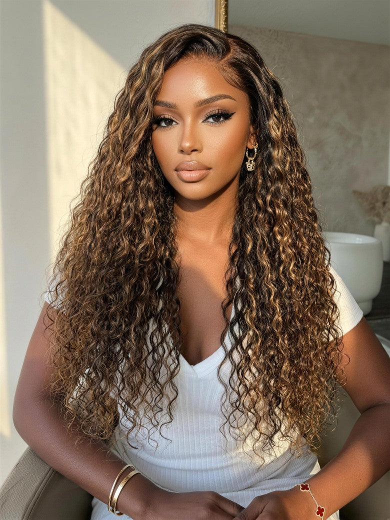 Sunber 7x5 Pre Cut Water Wave Balayage Highlight Dark Roots Side Part Lace Wig With Invisi Drawstring