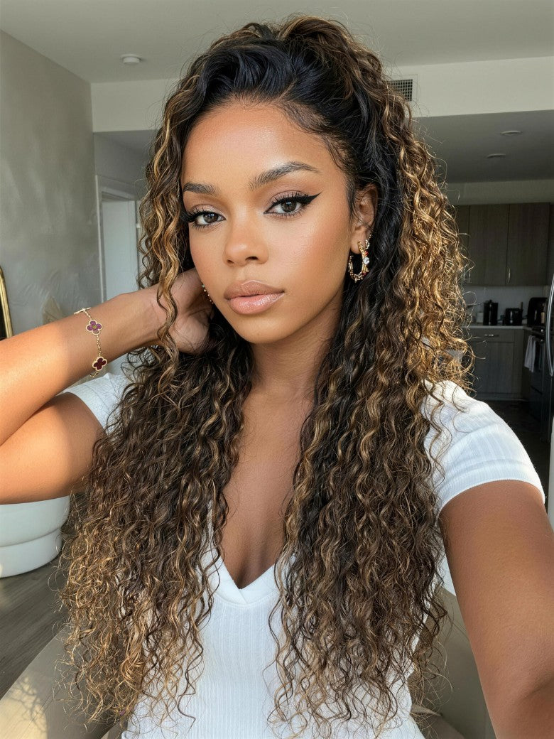 Sunber 7x5 Pre Cut Water Wave Balayage Highlight Dark Roots Side Part Lace Wig With Invisi Drawstring