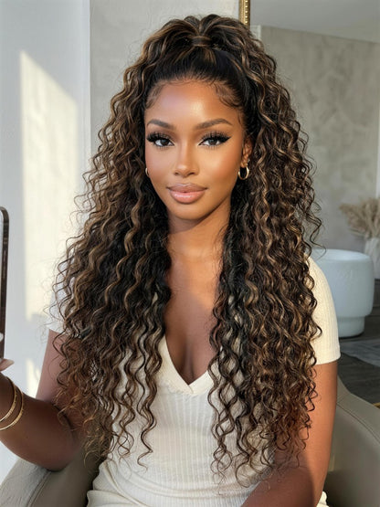 Sunber 7x5 Pre Cut Water Wave Balayage Highlight Dark Roots Side Part Lace Wig With Invisi Drawstring