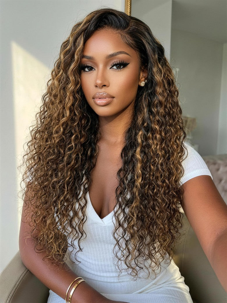 Sunber 7x5 Pre Cut Water Wave Balayage Highlight Dark Roots Side Part Lace Wig With Invisi Drawstring