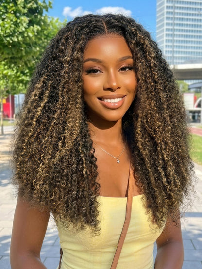 Sunber 7x5 Pre Cut Brown With Honey Blonde highlights On Black Hair Curly Lace Wig With Invisi Drawstring Flash Sale
