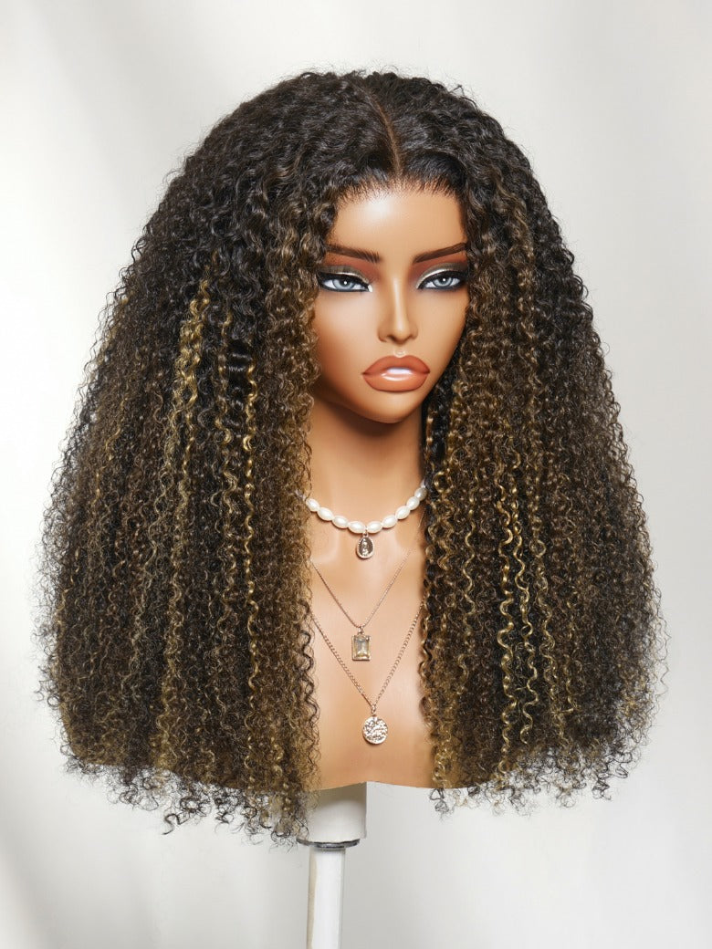 Sunber 7x5 Pre Cut Brown With Honey Blonde highlights On Black Hair Curly Lace Wig With Invisi Drawstring Flash Sale