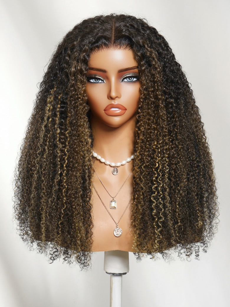 Sunber 7x5 Pre Cut Brown With Honey Blonde highlights On Black Hair Curly Lace Wig With Invisi Drawstring Flash Sale
