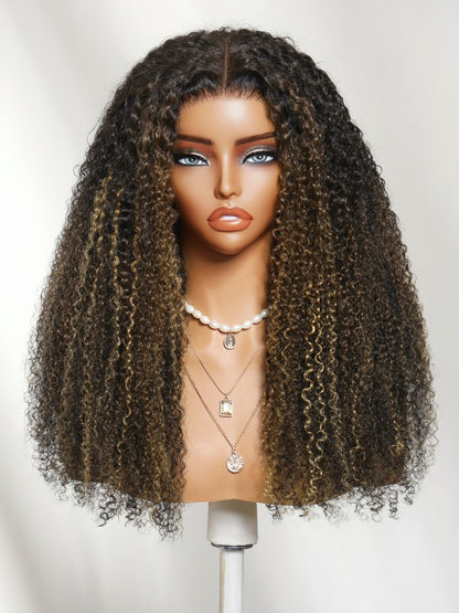 Sunber 7x5 Pre Cut Brown With Honey Blonde highlights On Black Hair Curly Lace Wig With Invisi Drawstring Flash Sale