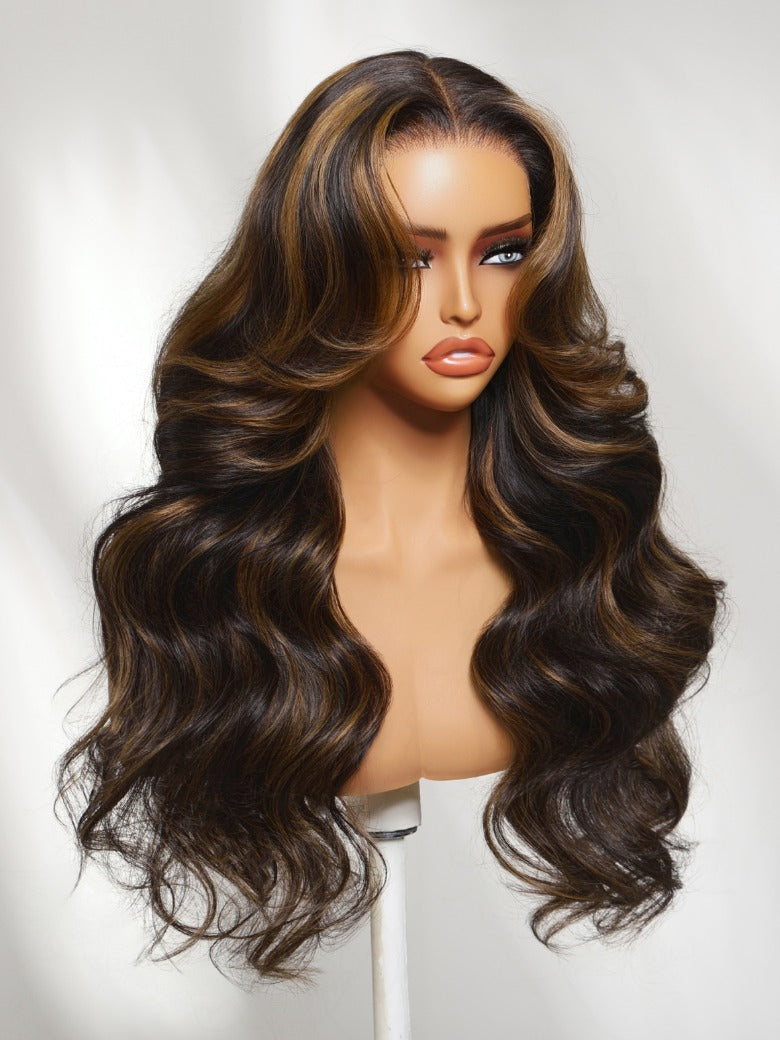 Sunber 7x5 Pre Cut Golden Brown Highlights Bye Bye Knots Body Wave Lace Wig With Invisi Drawstring