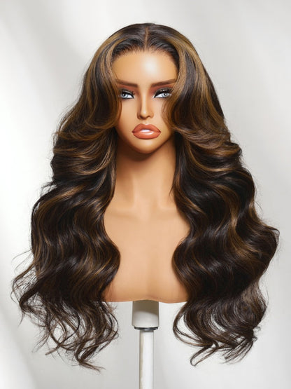 Sunber 7x5 Pre Cut Golden Brown Highlights Bye Bye Knots Body Wave Lace Wig With Invisi Drawstring
