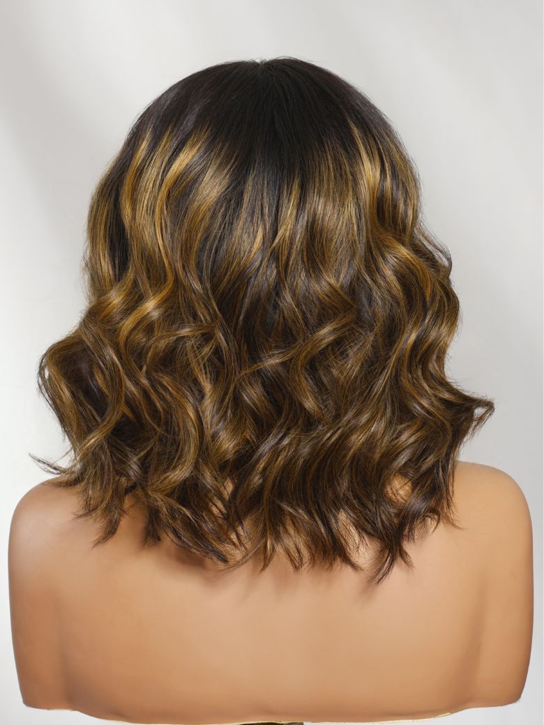 Sunber 7x5 Pre Cut Brown Balayage Highlight Body Wave Shoulder-Length Bob Lace Wig With Face-Framing Layers