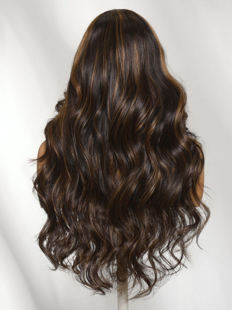 Sunber 7x5 Pre Cut Golden Brown Highlights Bye Bye Knots Body Wave Lace Wig With Invisi Drawstring