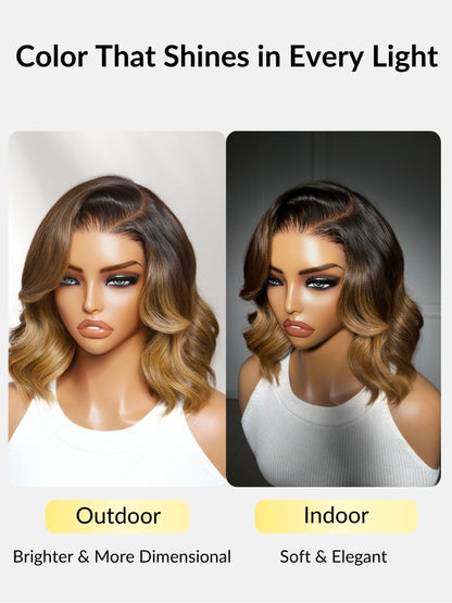 Sunber 7x5/ 13x4 Pre Everything Brown Highlights with Dark Root Body Wave Lace Frontal Wig With Layers Shoulder Flip-Out Curls