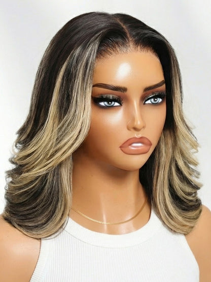 Sunber 7x5 Pre Cut Dark Brunette with Ash Blonde Highlight Bob Shoulder Length Lace Wig Feathered Layered Blowout