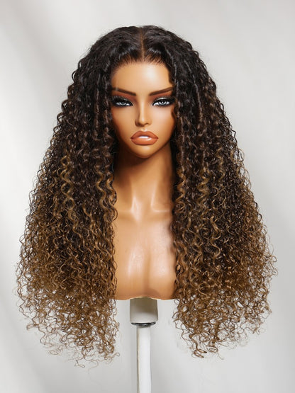 Sunber 7x5 Pre Cut Dark Brown Ombre With Caramel Ends Curly Wave Lace Wig With Finger Coil Defined Curls