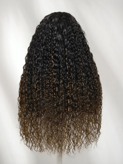 Sunber 7x5 Pre Cut Ombre Chestnut Brown Water Wave &amp; Curly Mixed Lace Wig With Invisi Drawstring