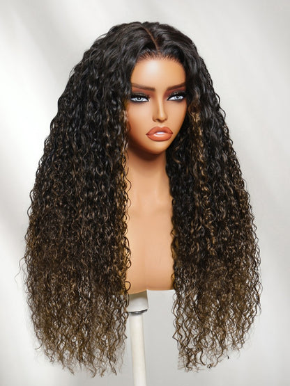Sunber 7x5 Pre Cut Ombre Chestnut Brown Water Wave &amp; Curly Mixed Lace Wig With Invisi Drawstring