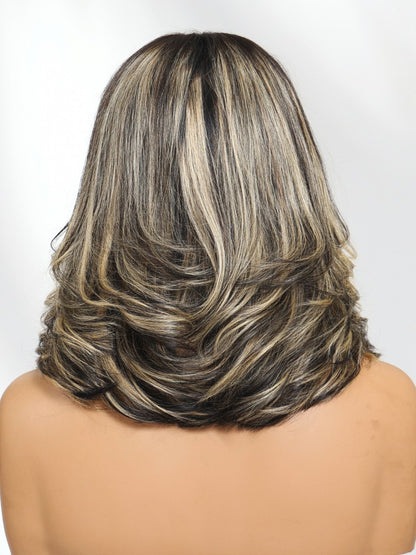 Sunber 7x5 Pre Cut Dark Brunette with Ash Blonde Highlight Bob Shoulder Length Lace Wig Feathered Layered Blowout