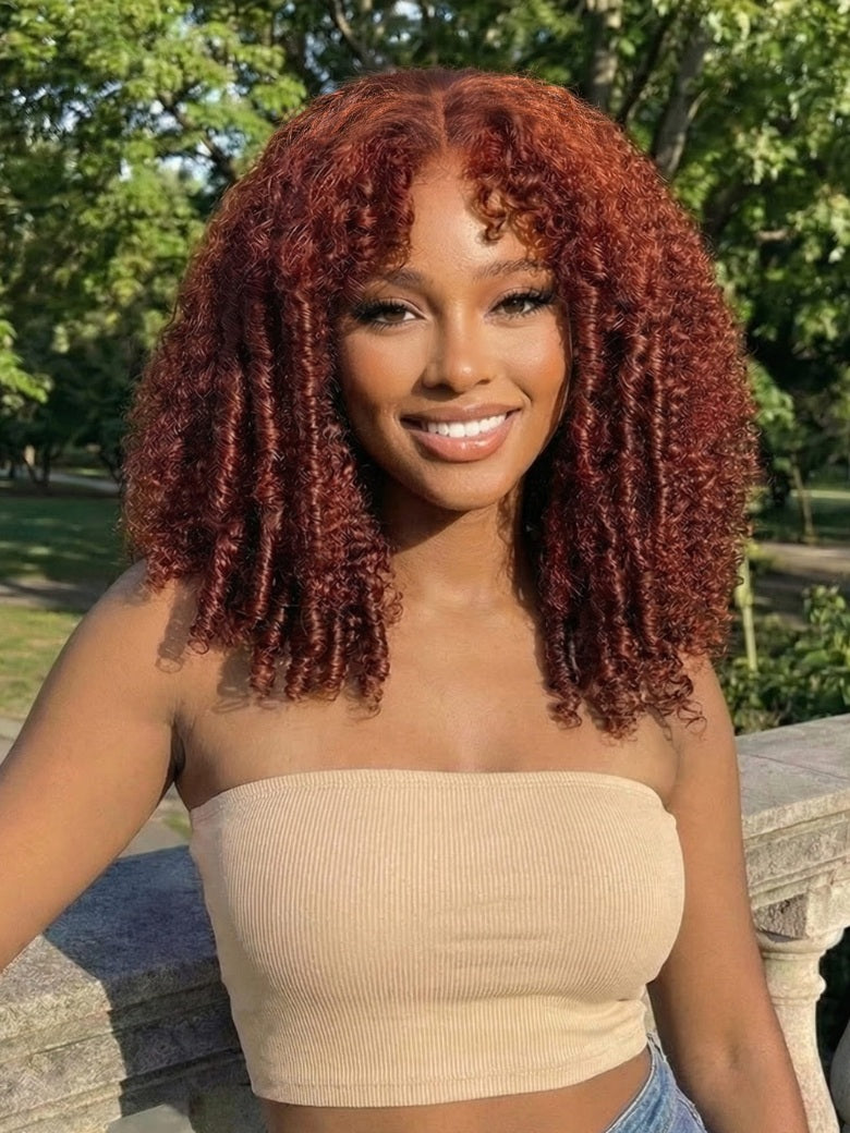 Sunber 250% Density 7x5 Pre-Cut Afro Kinky Curly Reddish Brown Lace Wig With Invisi Drawstring