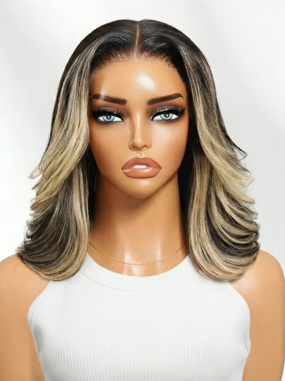 Sunber 7x5 Pre Cut Dark Brunette with Ash Blonde Highlight Bob Shoulder Length Lace Wig Feathered Layered Blowout