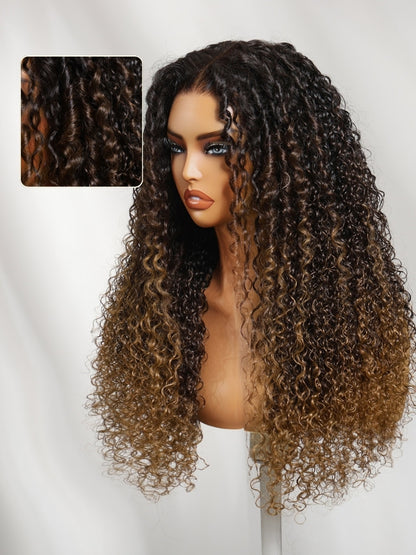 Sunber 7x5 Pre Cut Dark Brown Ombre With Caramel Ends Curly Wave Lace Wig With Finger Coil Defined Curls