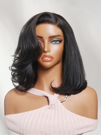 Sunber 7x5 Pre Cut Sleek Straight Shoulder-Length Bob Lace Wig With Face-framing Soft Curled Ends Layers