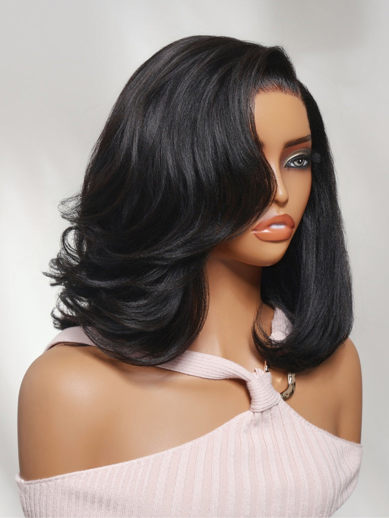 Sunber 7x5 Pre Cut Sleek Straight Shoulder-Length Bob Lace Wig With Face-framing Soft Curled Ends Layers