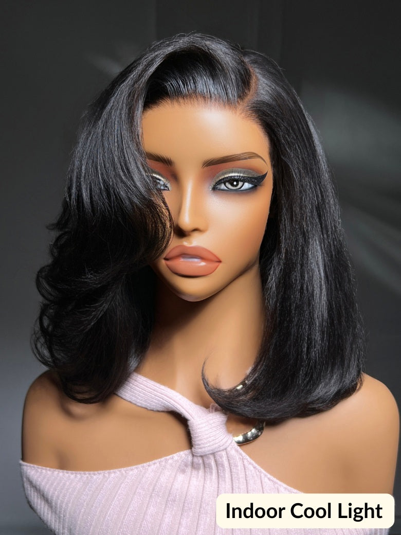 Sunber 7x5 Pre Cut Sleek Straight Shoulder-Length Bob Lace Wig With Face-framing Soft Curled Ends Layers