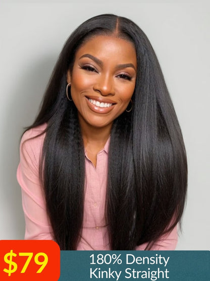 Sunber 180% Density Kinky Straight EasiContour™ V Part Glueless Wigs Human Hair With Invisi Drawstring Flash Sale