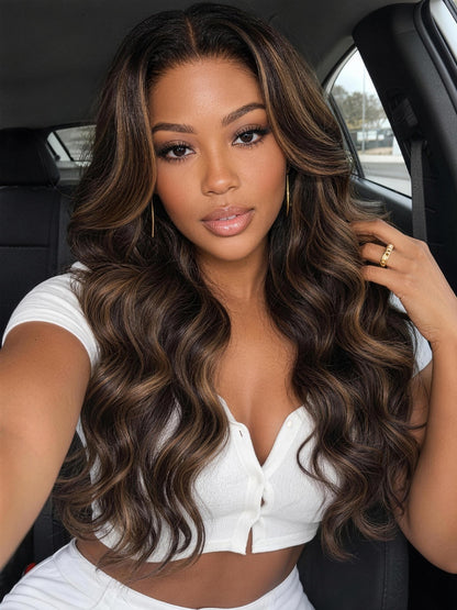Sunber Body Wave 7x5 Pre Cut Lace Chocolate Brown Balayage Caramel Highlights With Invisi Drawstring