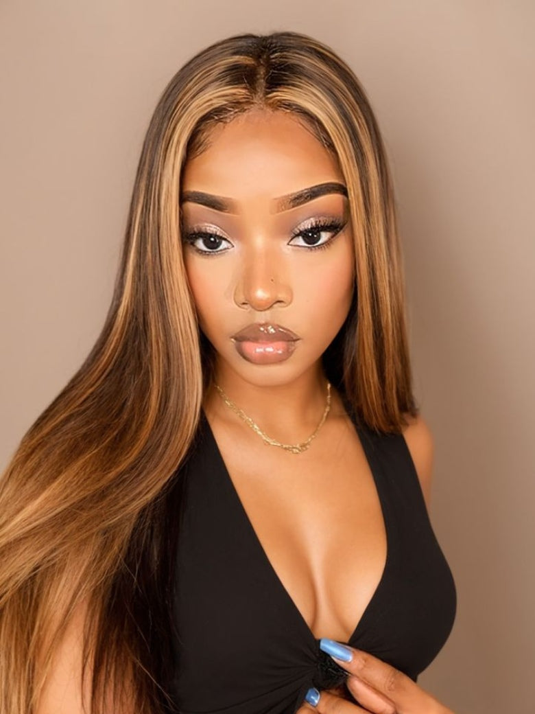 【24"=$99】Sunber Undetectable Skin Melt Lace Part Wig Straight Honey Highlight Wig Flash Sale