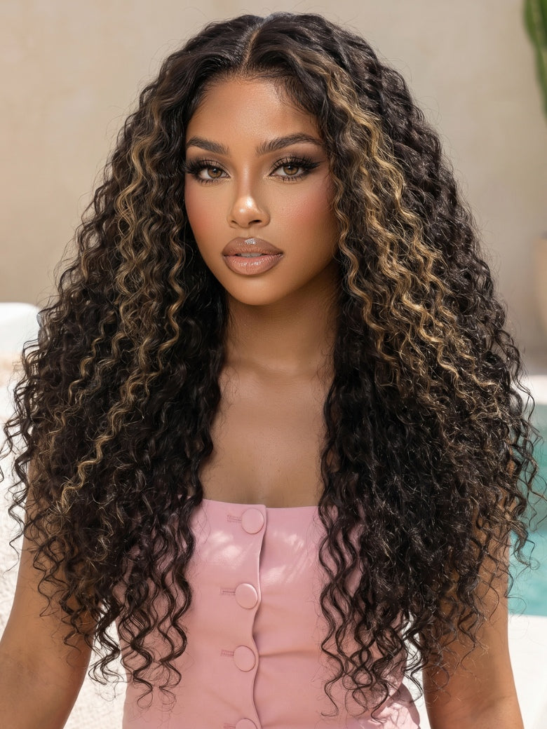 Sunber 7x5 Pre Cut Brown With Honey Blonde highlights On Black Hair Curly Lace Wig With Invisi Drawstring Flash Sale