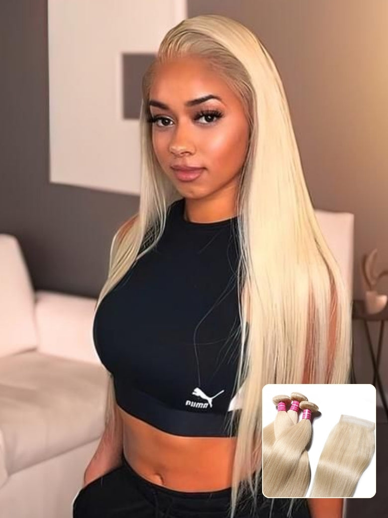 Sunber Hair 3 Bundles 613 Blonde Straight Human Hair Weaves With 4X4 Lace Closure
