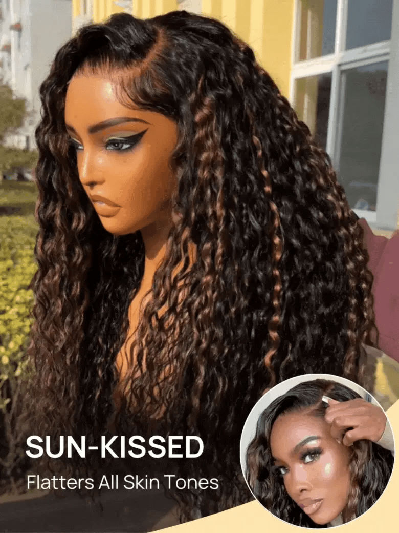 Sunber 7x5 Pre Cut Golden Brown Highlights Water Wave Bye Bye Knots Lace Closure Wig With Pre Bleached Tiny Knots