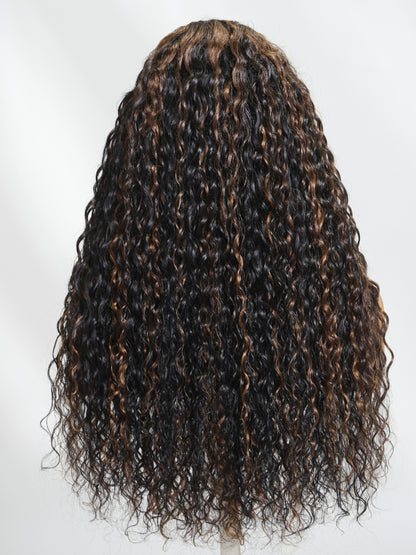 Sunber 7x5 Pre Cut Golden Brown Highlights Water Wave Bye Bye Knots Lace Closure Wig With Pre Bleached Tiny Knots