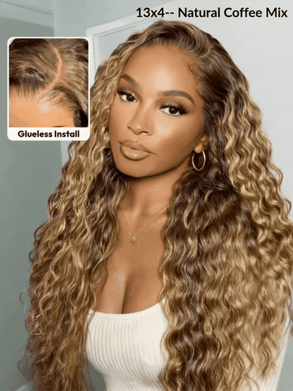 Sunber Water Wave Honey Blonde Highlighted 13x4 Pre Everything Lace Frontal Wig With Invisi Drawstring