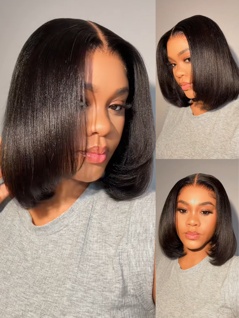 Flash Sale Sunber Blunt Cut Light Yaki Straight 7x5 Pre-Cut Lace Bye Bye Knots Glueless Bob Wig Pre-plucked