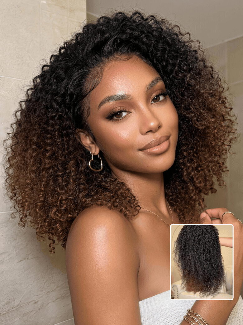 Sunber 2-in-1 Half Wig Black to Brown Ombre Turn-Around Kinky Curly Glueless With Invisi Drawstring Flash Sale