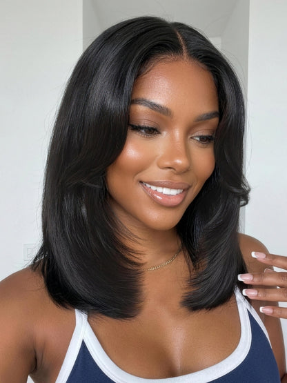 Sunber 7x5 Pre Cut Blowout Bob Shoulder Length Straight Lace Wig With Face-framing feathered layers