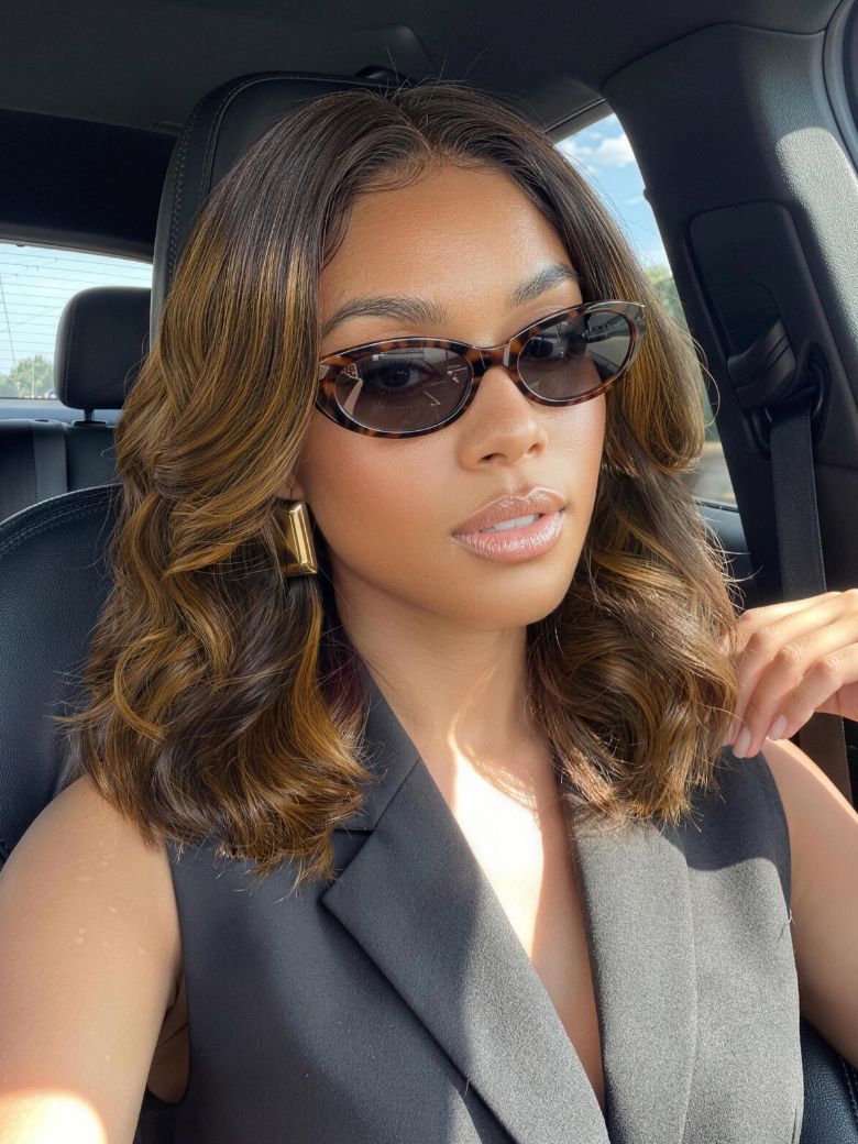 Sunber 7x5 Pre Cut Brown Balayage Highlight Body Wave Shoulder-Length Bob Lace Wig With Face-Framing Layers