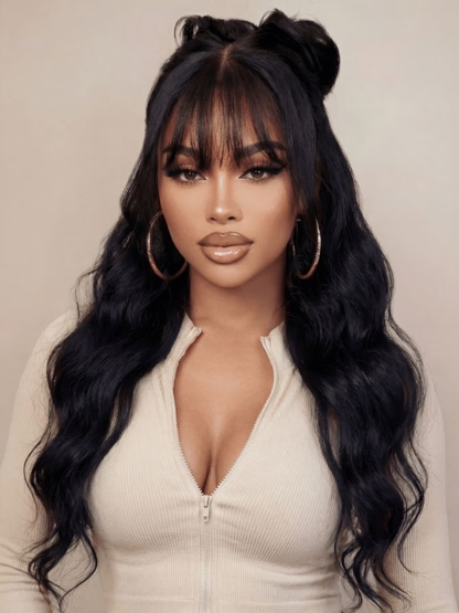 Sunber 7x5 Pre Cut Yaki Straight Natural Black Human Hair Glueless Lace Wig With Bangs