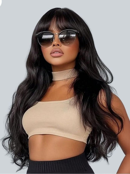 Sunber 7x5 Pre Cut Yaki Straight Natural Black Human Hair Glueless Lace Wig With Bangs